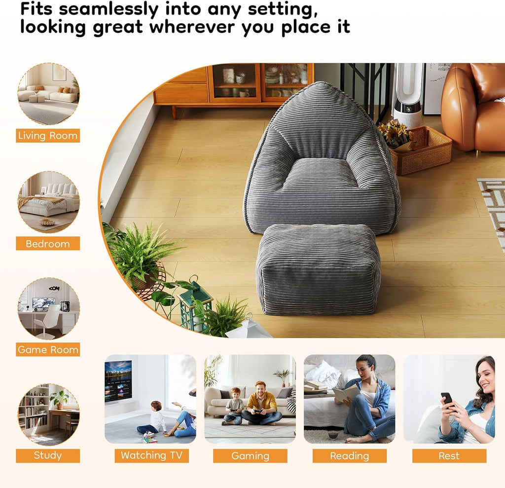 Cloud Large Bean Bag Chair with Ottoman, Corduroy Fabric+35D Memory Foam Big Beanbag Chair for Adults,Lounger Chairs Sofa Boneless Puff Chair for Living Room (Gray)