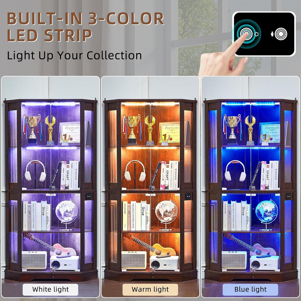 LELELINKY Farmhouse Corner Display Cabinet with Glass Doors, Corner Curio Cabinet with 3-Color LED Motion-Sensor Light, Reinforced Base, Walnut