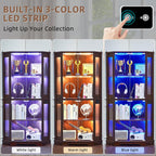 LELELINKY Farmhouse Corner Display Cabinet with Glass Doors, Corner Curio Cabinet with 3-Color LED Motion-Sensor Light, Reinforced Base, Walnut