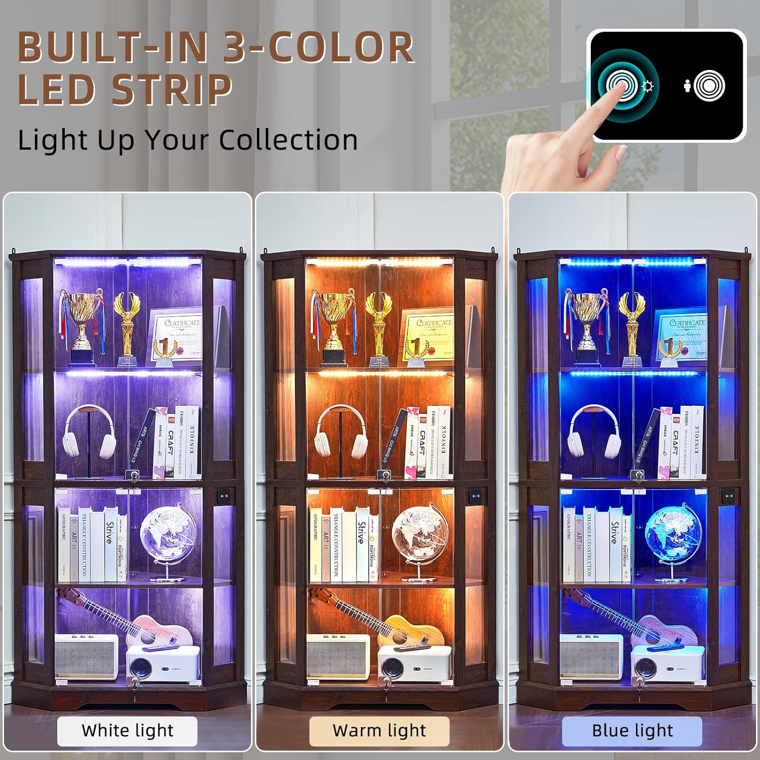 LELELINKY Farmhouse Corner Display Cabinet with Glass Doors, Corner Curio Cabinet with 3-Color LED Motion-Sensor Light, Reinforced Base, Walnut