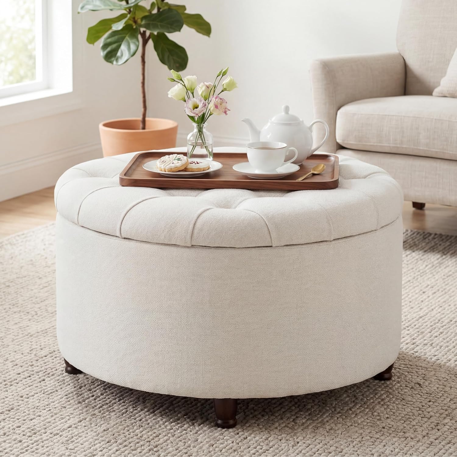 28" Round Ottoman, Modern Ottoman with Storage, Tufted Upholstered Footstool with Wooden Legs, Round Coffee Table w/Removable-Top, Chenille Footrest for Living Room, Bedroom, Apartment, White