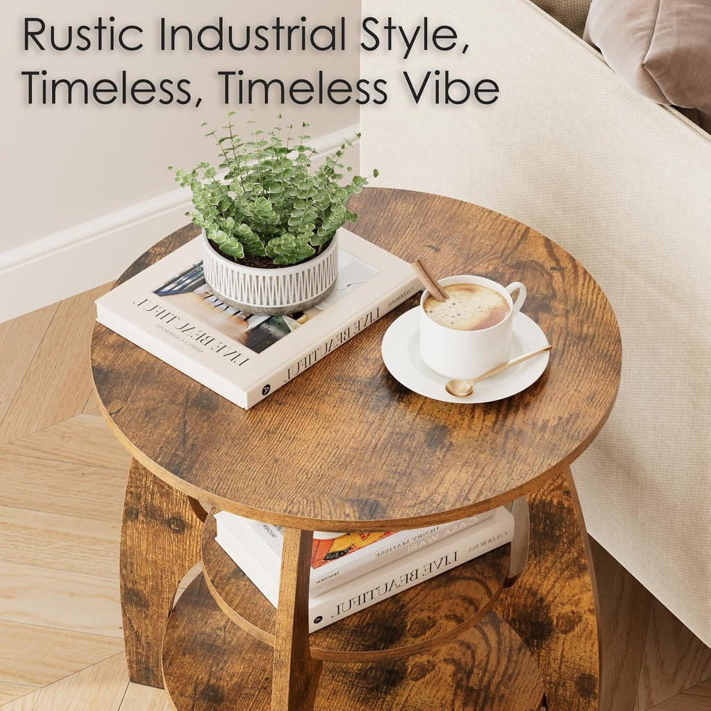 Masupu Round Side Table, 3-Tier Wood End Table, 19.7 inch Accent Table, Mid Century Modern Nightstand for Small Spaces, Living Room, Bedroom, Easy Assembly(Rustic Brown)