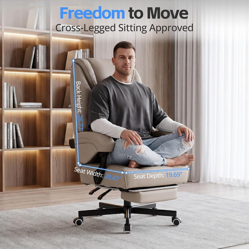 Ergonomic Gaming Office Chair for Adults, Big and Tall Heavy Duty Computer Desk Chair, High Back Video Game Chair with Footrest, Comfortable Leather Home Wide Gamer Chair with Lumbar Support (Beige)