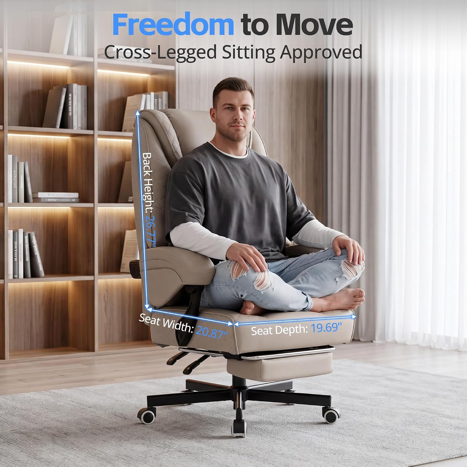 Ergonomic Gaming Office Chair for Adults, Big and Tall Heavy Duty Computer Desk Chair, High Back Video Game Chair with Footrest, Comfortable Leather Home Wide Gamer Chair with Lumbar Support (Beige)