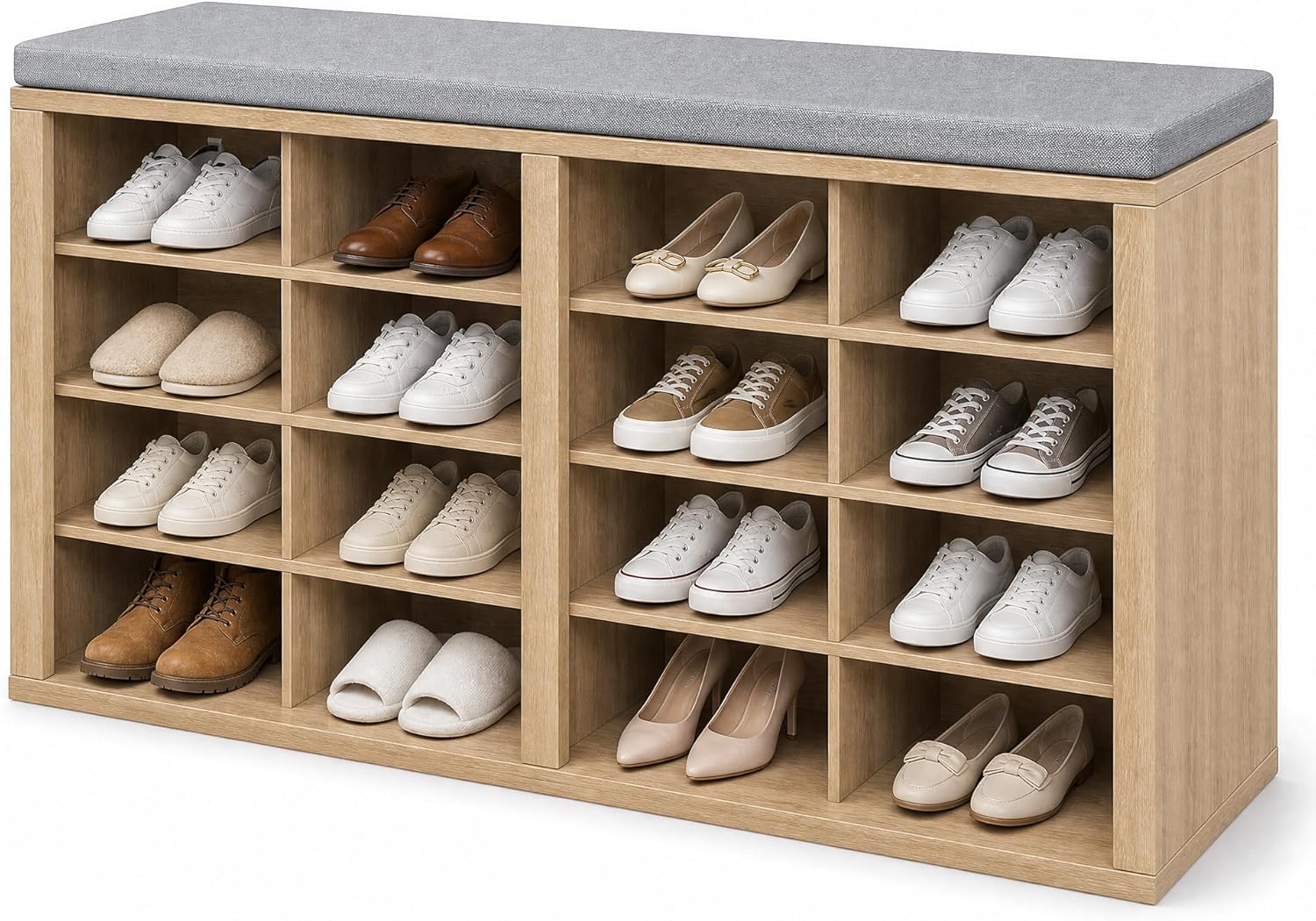 Shoe Storage Bench with Cushion, 16-Cubby Entryway Bench with Adjustable Shelves, 23" Tall Heavy Duty 700 lb Capacity, for Bedroom, Hallway, Mudroom