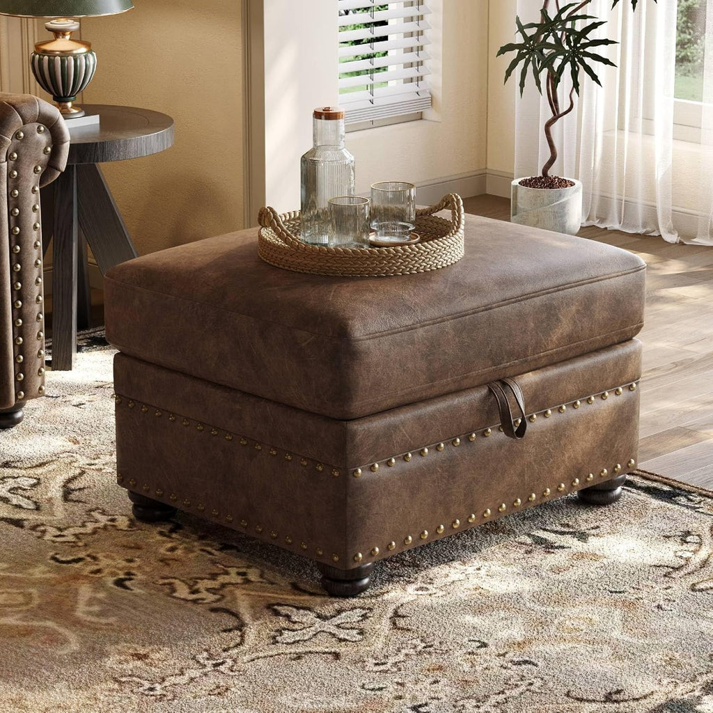 ONBRILL Faux Leather Ottoman with Storage, Rectangle Ottoman Coffee Table with Nailhead Trim, Solid Wood Legs, Oversized Upholstered Footrest Stool for Living Room, Bedroom, Apartment, Brown