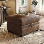 ONBRILL Faux Leather Ottoman with Storage, Rectangle Ottoman Coffee Table with Nailhead Trim, Solid Wood Legs, Oversized Upholstered Footrest Stool for Living Room, Bedroom, Apartment, Brown