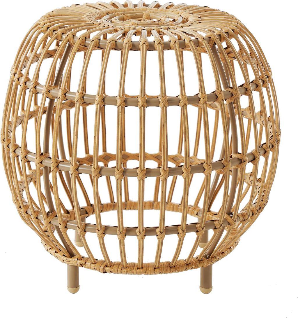 IRONORA Natural Rattan Round Side Table, Hand Woven Hollow Drum End Table, Boho Wicker Accent Table Stool for Patio Porch Living Room Bedroom