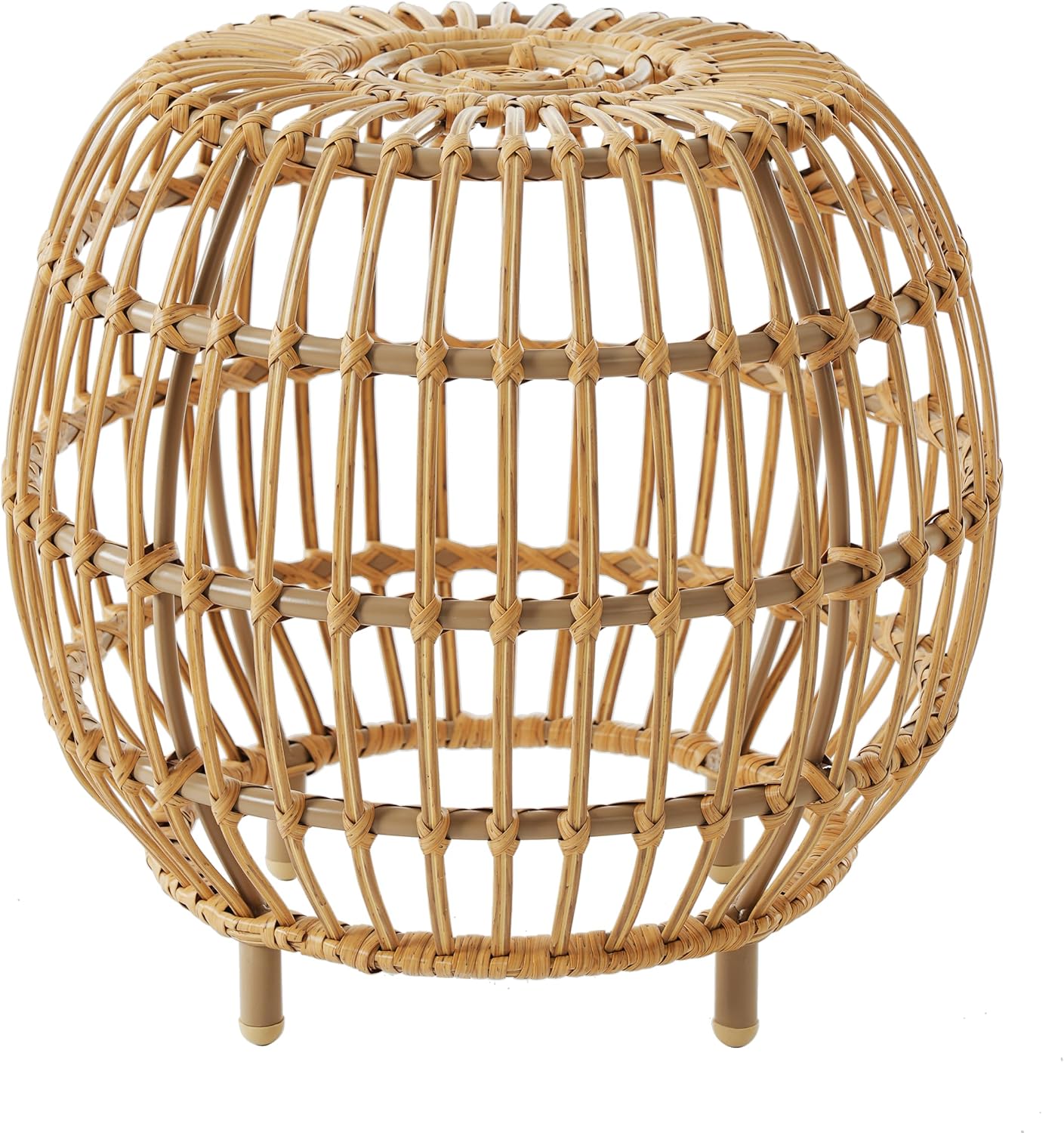 IRONORA Natural Rattan Round Side Table, Hand Woven Hollow Drum End Table, Boho Wicker Accent Table Stool for Patio Porch Living Room Bedroom