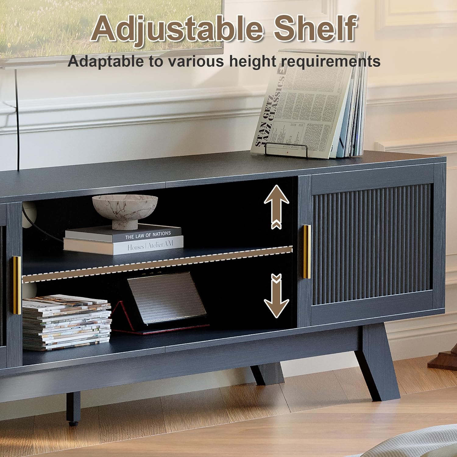 ChooChoo 59.5" Fluted TV Stands for 65 Inch TV, Mid Century Modern Entertainment Center with Storage and Adjustable Shelf, Long TV Console Media Table for Living Room, Bedroom, Black