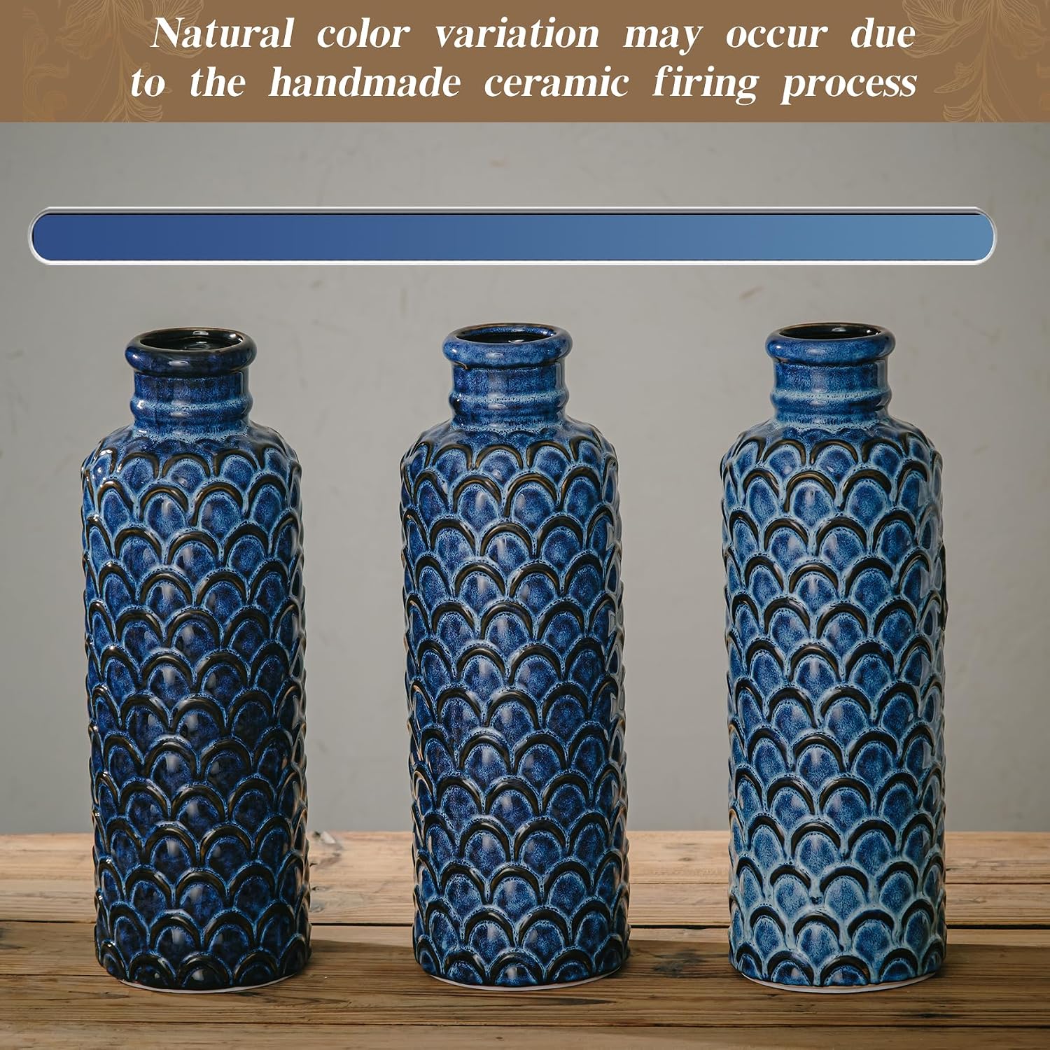 Ceramic Flower Vase,13.98" Tall Vintage Blue Pottery Vase for Home Decor, Rustic Textured Vase for Pampas Grass, Living Room, Entryway, Mantel, Kitchen Table