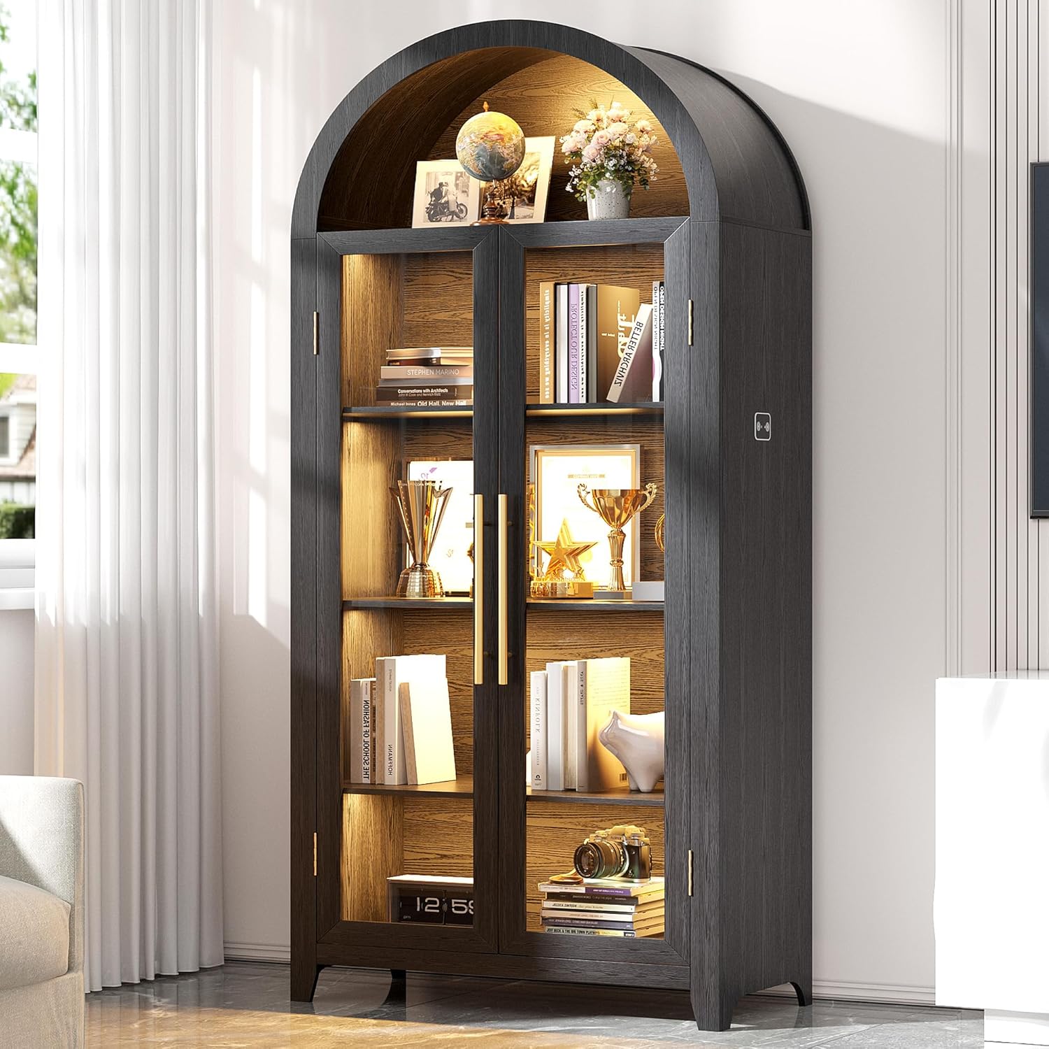 LVSOMT 71” Arched Curio Cabinet with Glass Doors, Display Cabinet with Human Sensor LED Light, 5 Tier China Cabinet with Adjustable Shelf, Tall Bookcase with Storage for Home Black