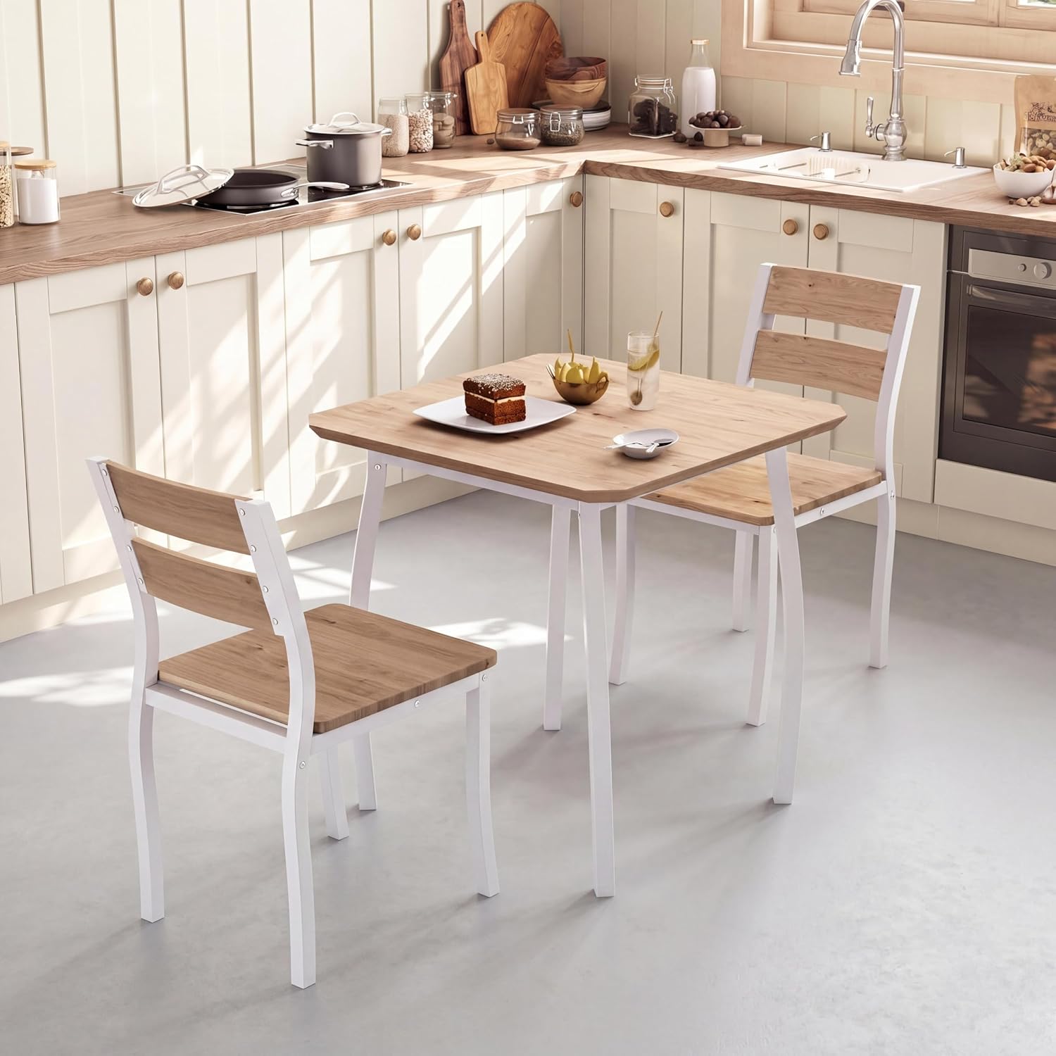 Garvee 3 Piece Dining Table Set for 2, Farmhouse Kitchen Table and Chair, Metal Frame Square Dining Room Table Set for Small Space, Apartment, Studio, White & Natural