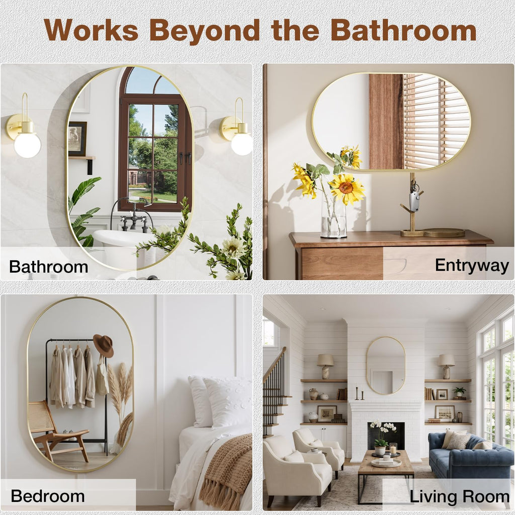 24x36 Inch Brushed Gold Oval Bathroom Mirror, Wall Mounted Vanity Mirror for Over Sink, Tempered Glass with Aluminum Frame, Vertical or Horizontal Hanging