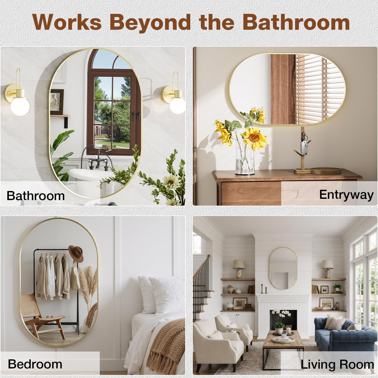 24x36 Inch Brushed Gold Oval Bathroom Mirror, Wall Mounted Vanity Mirror for Over Sink, Tempered Glass with Aluminum Frame, Vertical or Horizontal Hanging