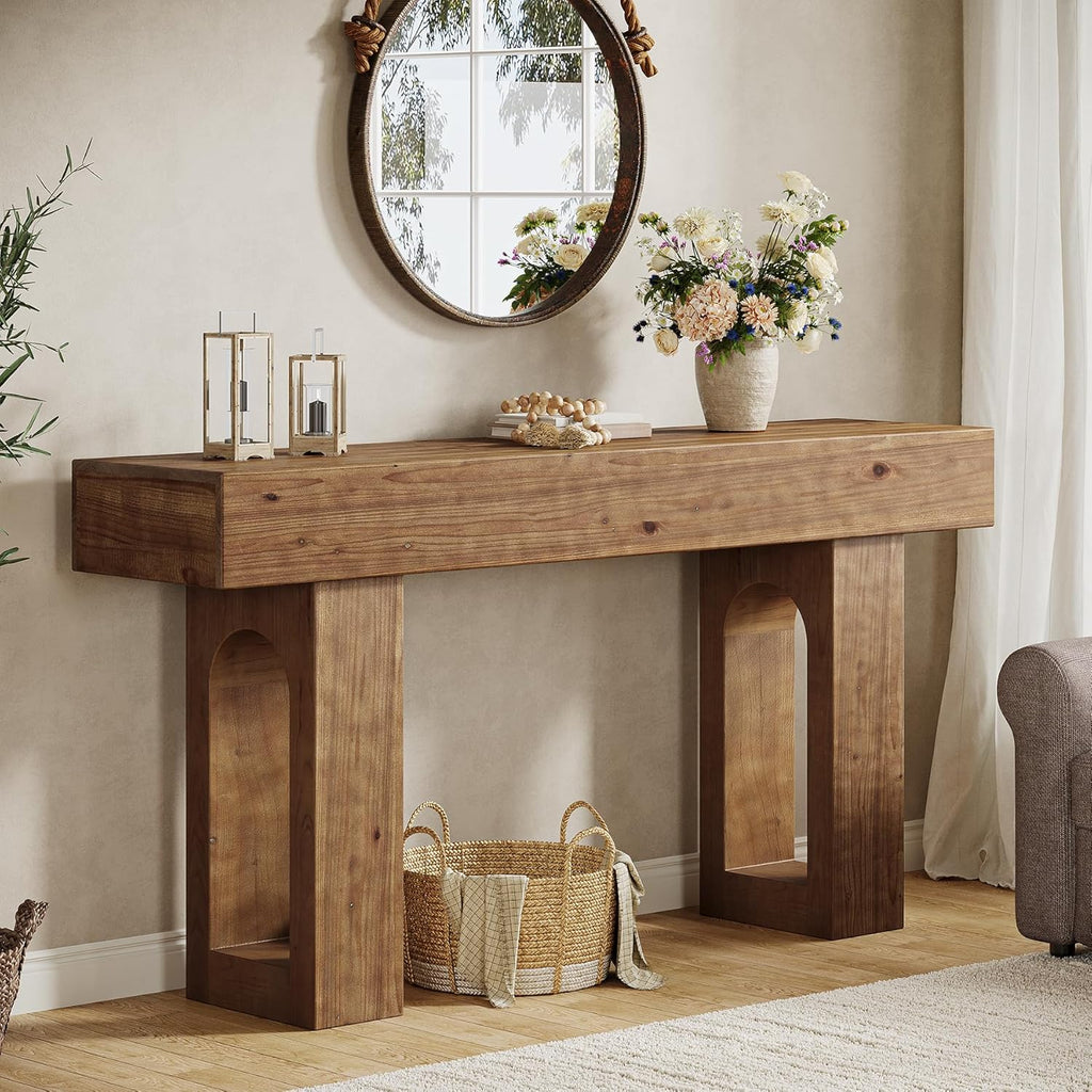 Solid Wood Console Table, 63-Inch Long Farmhouse Entryway Table, Sofa Console Behind Couch, for Foyer, Hallway, Living Room, Dark Brown