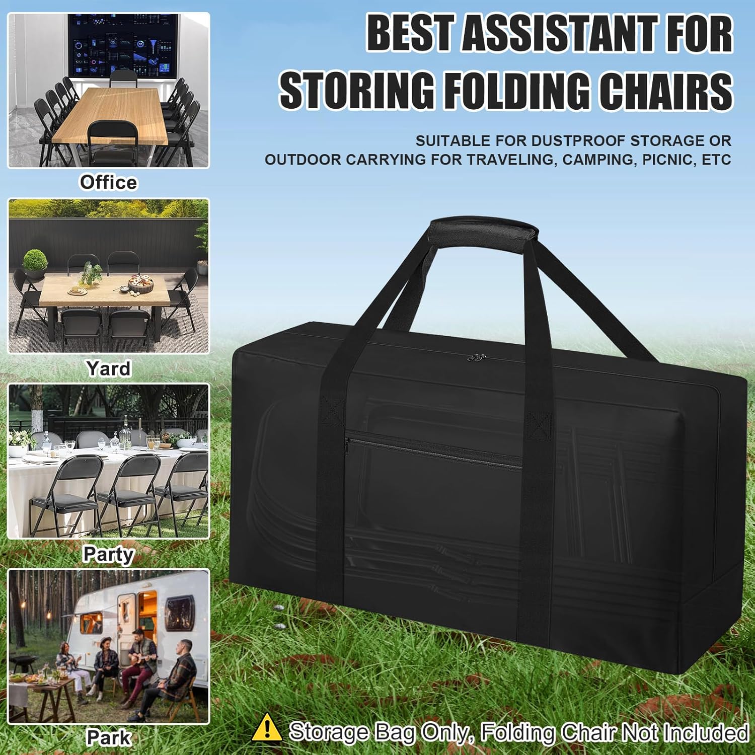 Heavy Duty Folding Chair Storage Bag, [Thick Fabric+Front Pocket] 40.5" x 12.2" x 20",For Metal/Plastic/Wooden Chairs, Large Waterproof Carry Bag with Sturdy Pad Handle,Black, (Only bag)