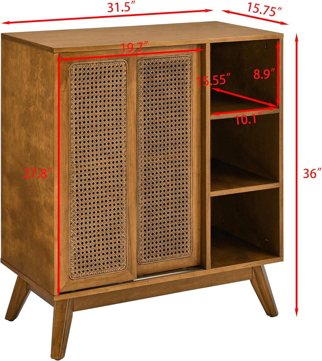 Ball & Cast 32" Mid Century Modern Rattan Sideboard Cabinet with 2 Sliding Doors, Buffet Cabinet w/Adjustable Shelf & Solid Wood Legs for Entryway, Living Room, Kitchen,Dining Room, Light Walnut