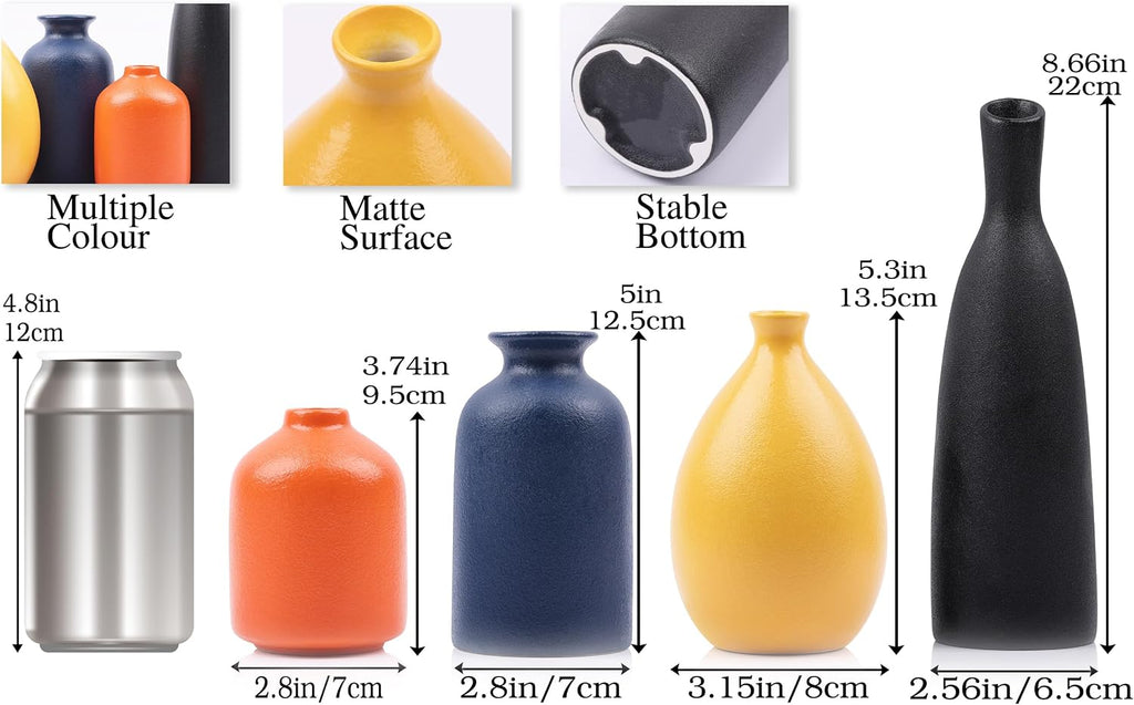 Ceramic Bud Vases Set of 4, Minimalism Style Vases for Rustic Home Decor, Black Yellow Orange Blue Vase, Multi-Color Ceramic Decorative Vases for Modern Home Decor, Floral Arrangements, Centerpieces