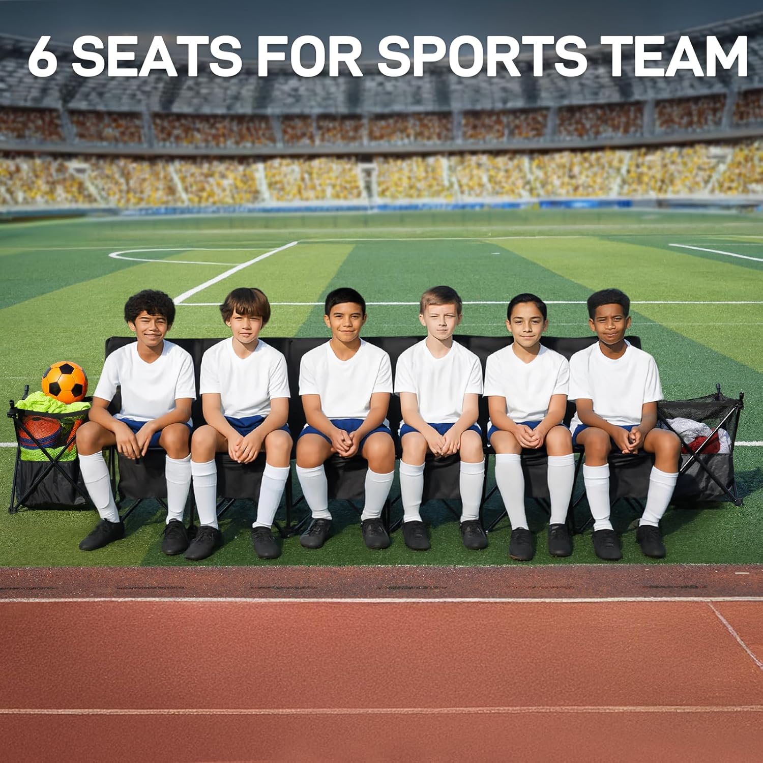 EVER ADVANCED 6 Seats Folding Soccer Team Bench with Carry Bag, Portable Soccer Sideline Chairs with Side Storage Basket, Sports Football Seating for Camping & Outdoor Games Events