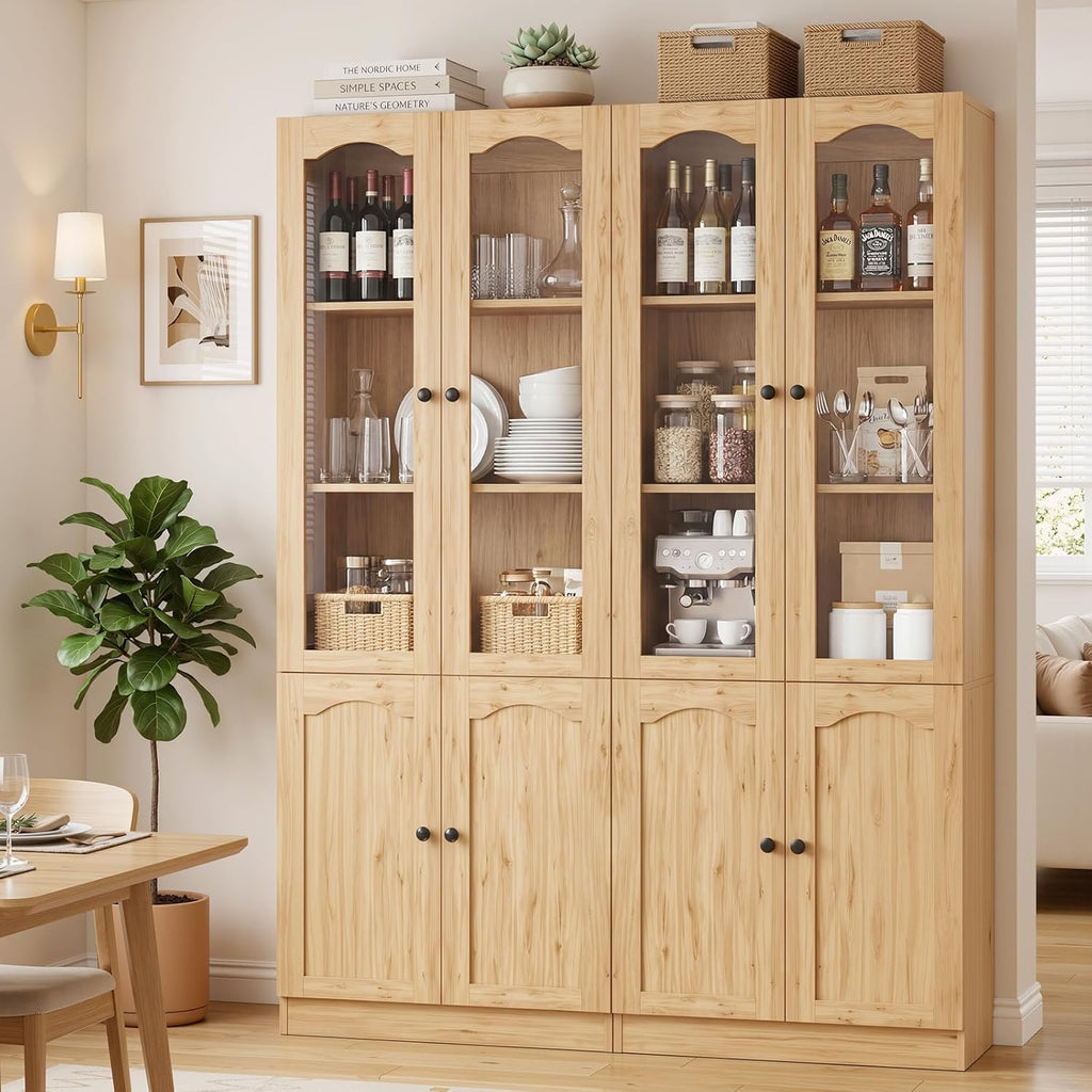 Cyclysio 80" Tall Pantry Cabinet with 8 Doors, Natural Oak Kitchen Pantry Storage Cabinet with Built-in Baseboard Notch & Adjustable Shelves – Kitchen Storage Cabinet for Dining, Living Room, Office
