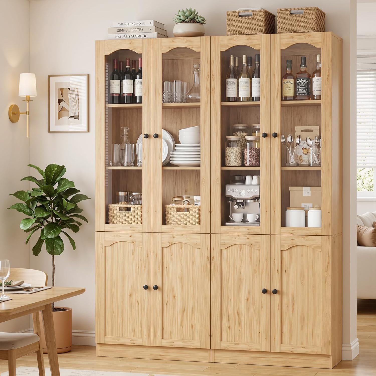 Cyclysio 80" Tall Pantry Cabinet with 8 Doors, Natural Oak Kitchen Pantry Storage Cabinet with Built-in Baseboard Notch & Adjustable Shelves – Kitchen Storage Cabinet for Dining, Living Room, Office