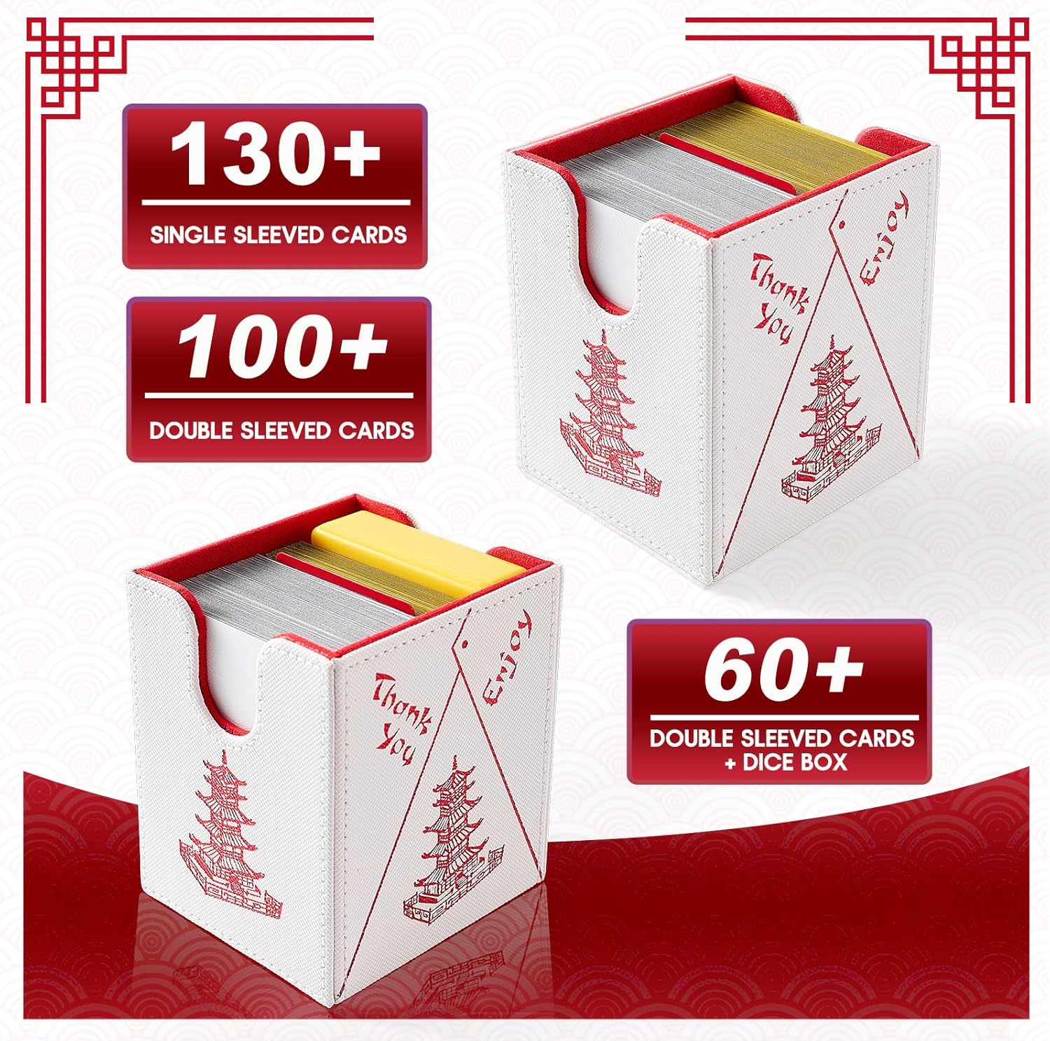 Venssu Chinese Takeout MTG Deck Box, Commander Deck Case Fits 100 Double Sleeved Cards, PU Leather Storage Box with 2 Dividers(Bright Red and White), Compatible with TCG/PTCG/EDH/Magic/Sport Cards