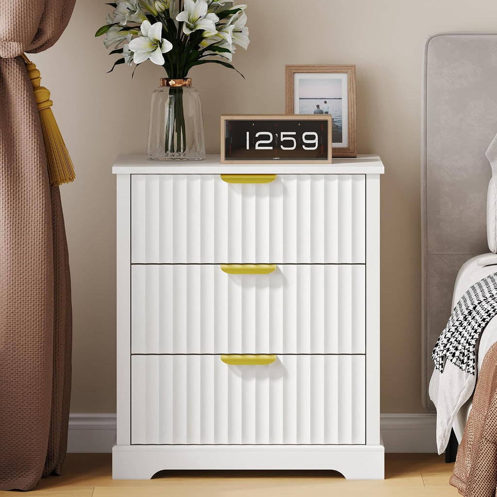 Fluted Nightstand with Charging Station and 3 Drawers | Metal Handles, Large Bedside Table, Bedroom, Charging Stations With USB-C Port, White