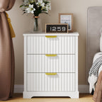 Fluted Nightstand with Charging Station and 3 Drawers | Metal Handles, Large Bedside Table, Bedroom, Charging Stations With USB-C Port, White