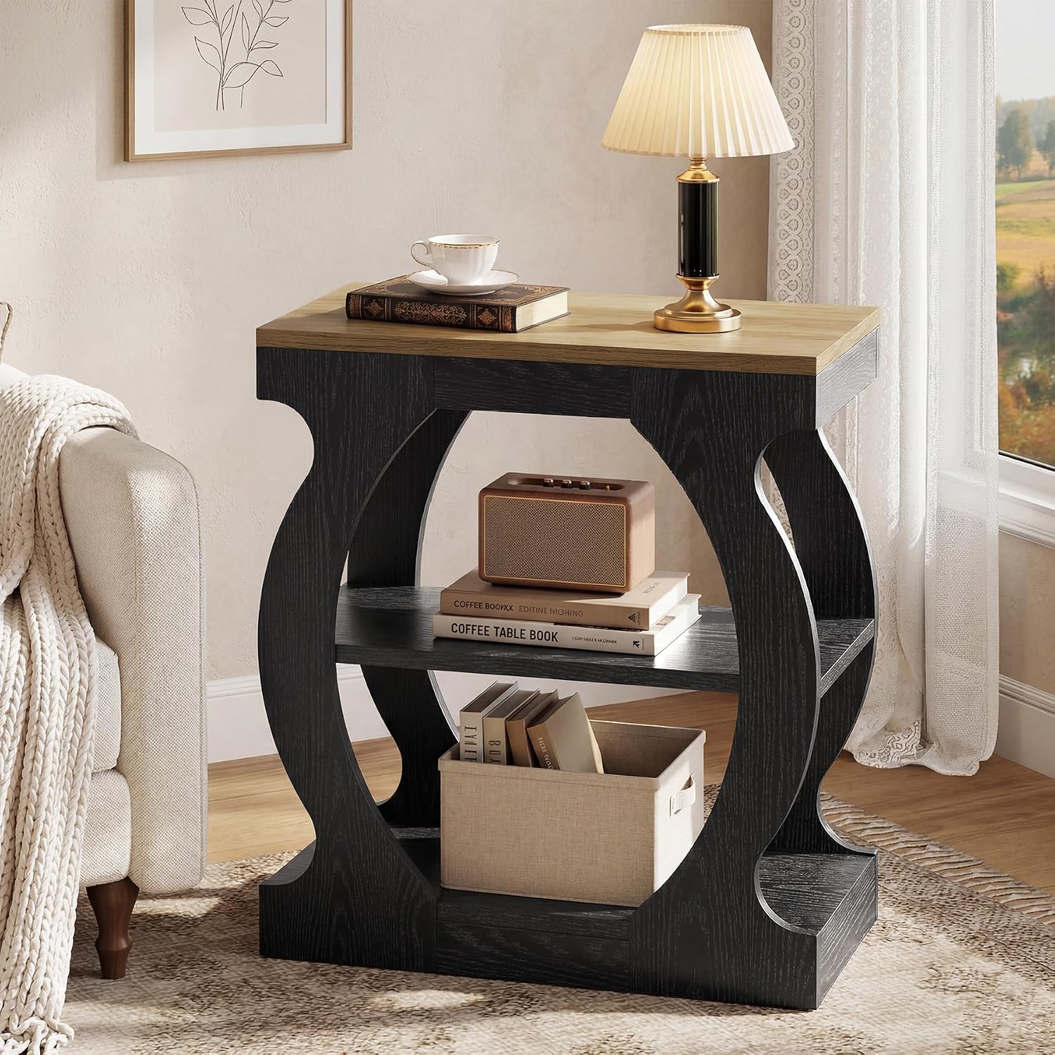 Tribesigns End Table with 3-Tier Storage, Narrow Side Table with Curved Frame, Wooden Nightstand for Living Room, Small Spaces, Bedroom, Rustic Brown & Black
