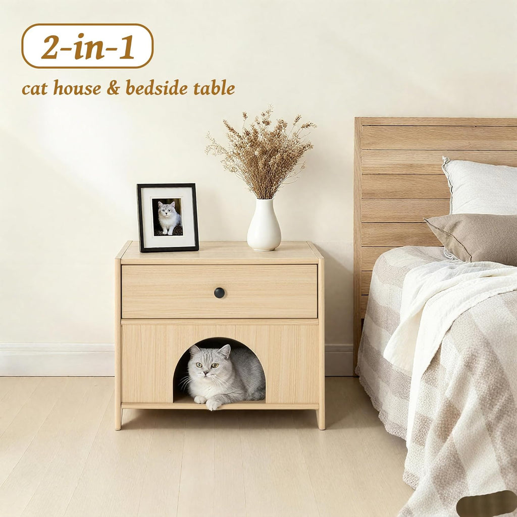 2-in-1 Nightstand with Drawer Wooden Cat Bed End Table, Modern Cat Bedside Table Hideaway Small Side Table for Living Room Bedroom