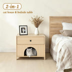 2-in-1 Nightstand with Drawer Wooden Cat Bed End Table, Modern Cat Bedside Table Hideaway Small Side Table for Living Room Bedroom