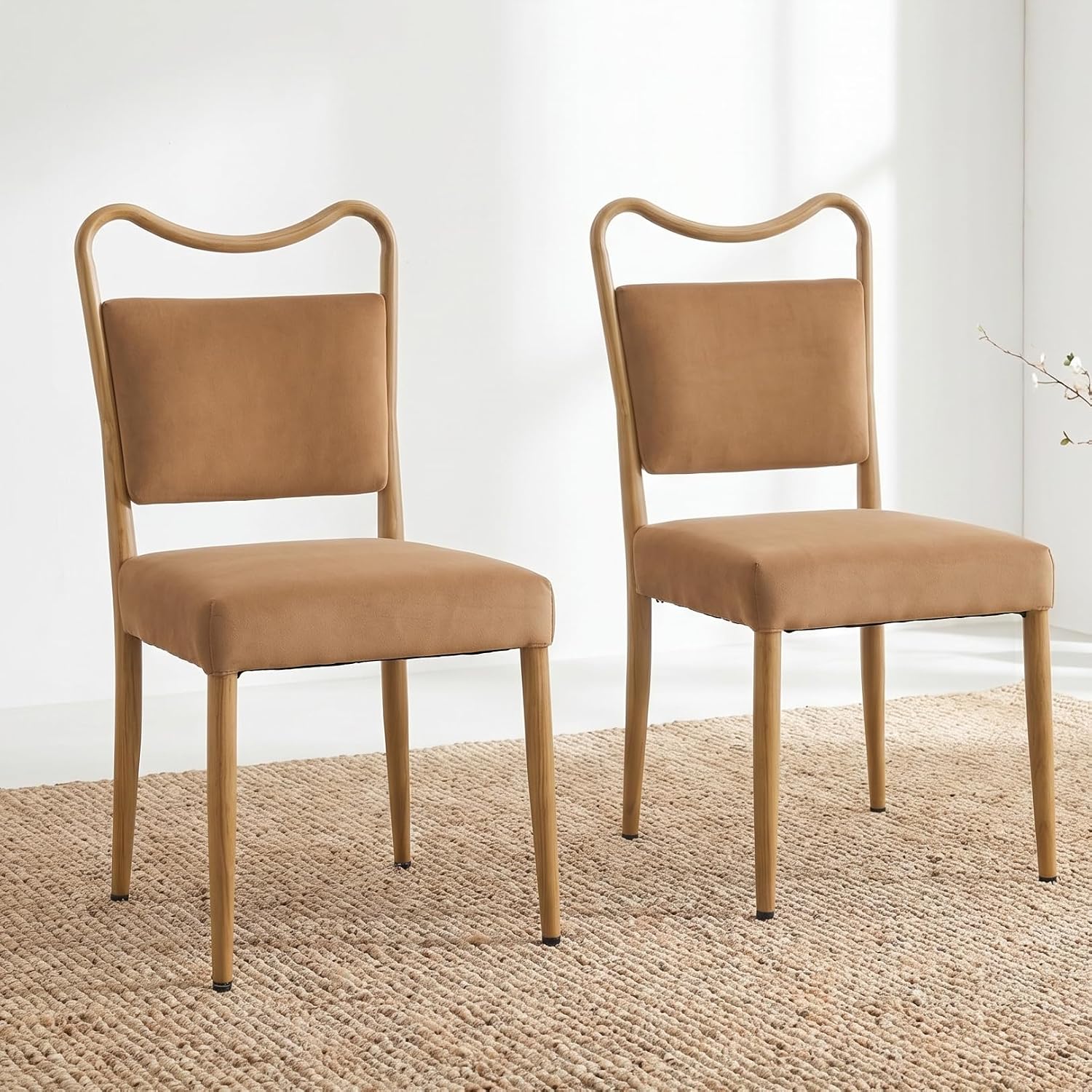Velvet Dining Chairs Set of 2, Upholstered Dining Chairs with Wood Grained Metal Frame, Mid Century Modern Velvet Chairs for Dining Room, Kitchen and Restaurant,Velvet Brown