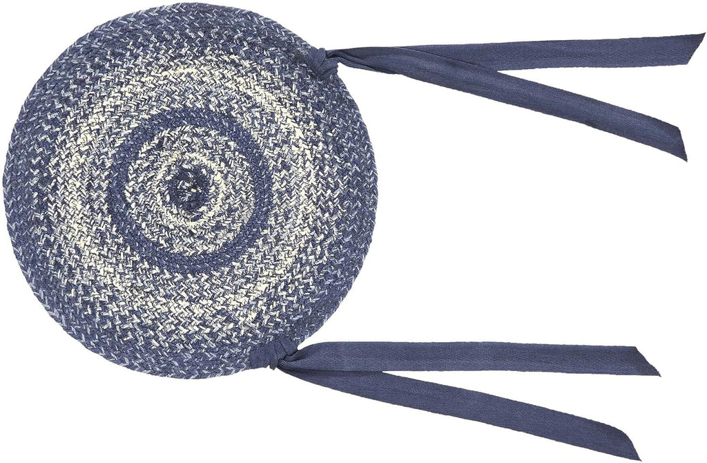 VHC Brands Great Falls Blue Round Seat Cushion Chair Pad, Blue White, Jute Blend with Ties, 15x15 Inches, Set of 8