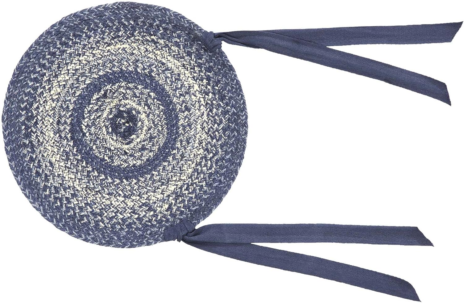 VHC Brands Great Falls Blue Round Seat Cushion Chair Pad, Blue White, Jute Blend with Ties, 15x15 Inches, Set of 8