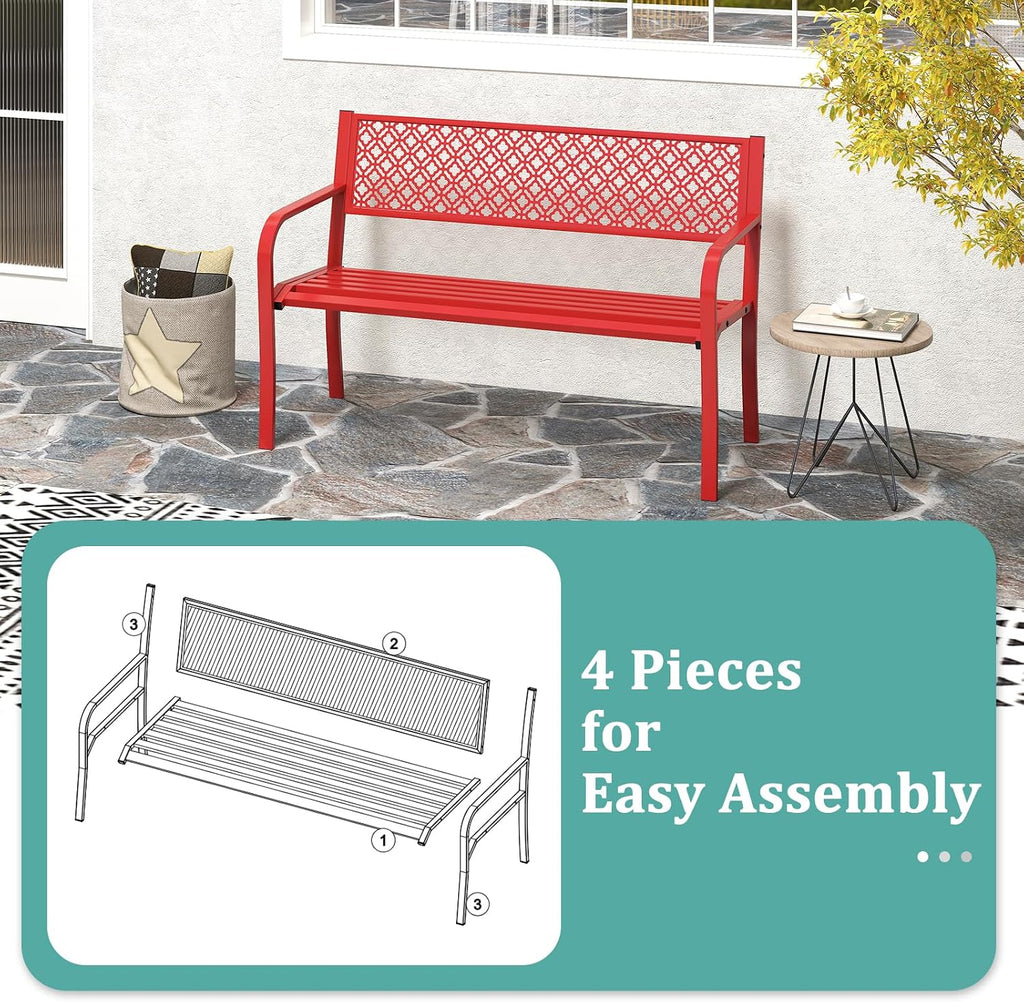 Tangkula 50 Inches Outdoor Garden Bench, Metal Patio Park Bench with Geometric Lattice Backrest, Armrests and Slatted Seat, Outdoor Loveseat Chair for Porch, Lawn and Yard (Red)