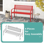 Tangkula 50 Inches Outdoor Garden Bench, Metal Patio Park Bench with Geometric Lattice Backrest, Armrests and Slatted Seat, Outdoor Loveseat Chair for Porch, Lawn and Yard (Red)