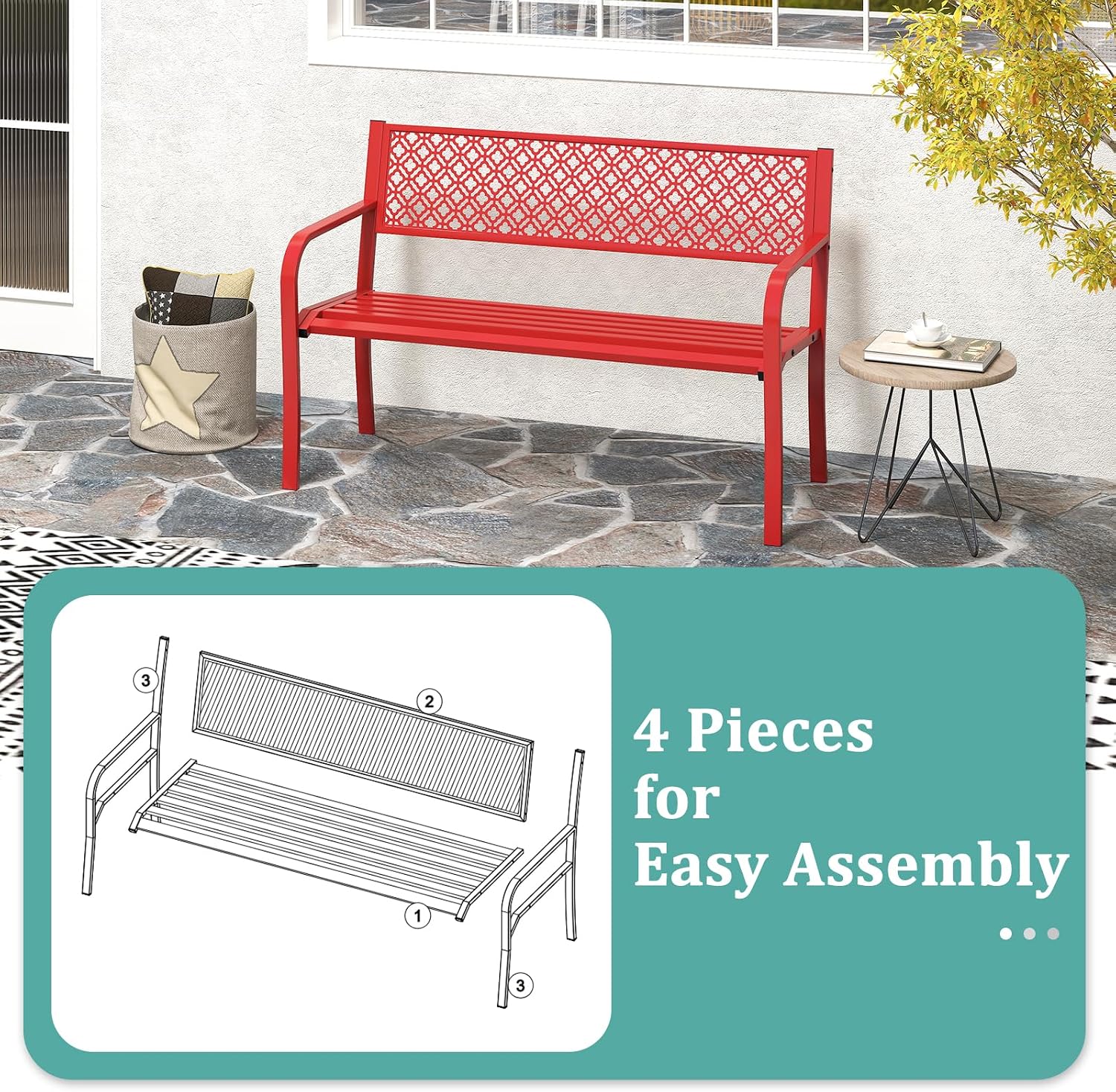 Tangkula 50 Inches Outdoor Garden Bench, Metal Patio Park Bench with Geometric Lattice Backrest, Armrests and Slatted Seat, Outdoor Loveseat Chair for Porch, Lawn and Yard (Red)