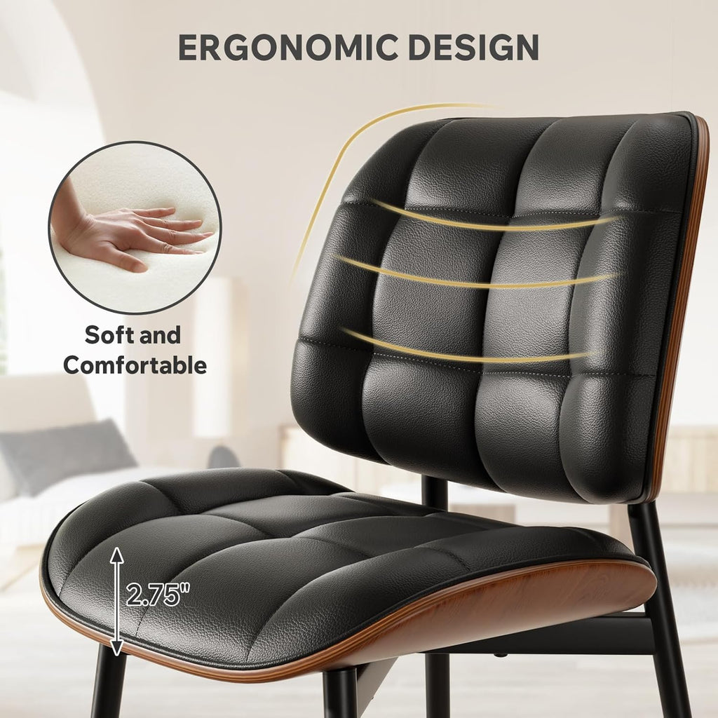 Dining Chairs Set of 2, Mid Century Modern Dining Room Chair, Upholstered Faux Leather Kitchen Chairs with Thick Cushion and Walnut Bentwood Back for Kitchen Dining Room, Black