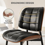 Dining Chairs Set of 2, Mid Century Modern Dining Room Chair, Upholstered Faux Leather Kitchen Chairs with Thick Cushion and Walnut Bentwood Back for Kitchen Dining Room, Black