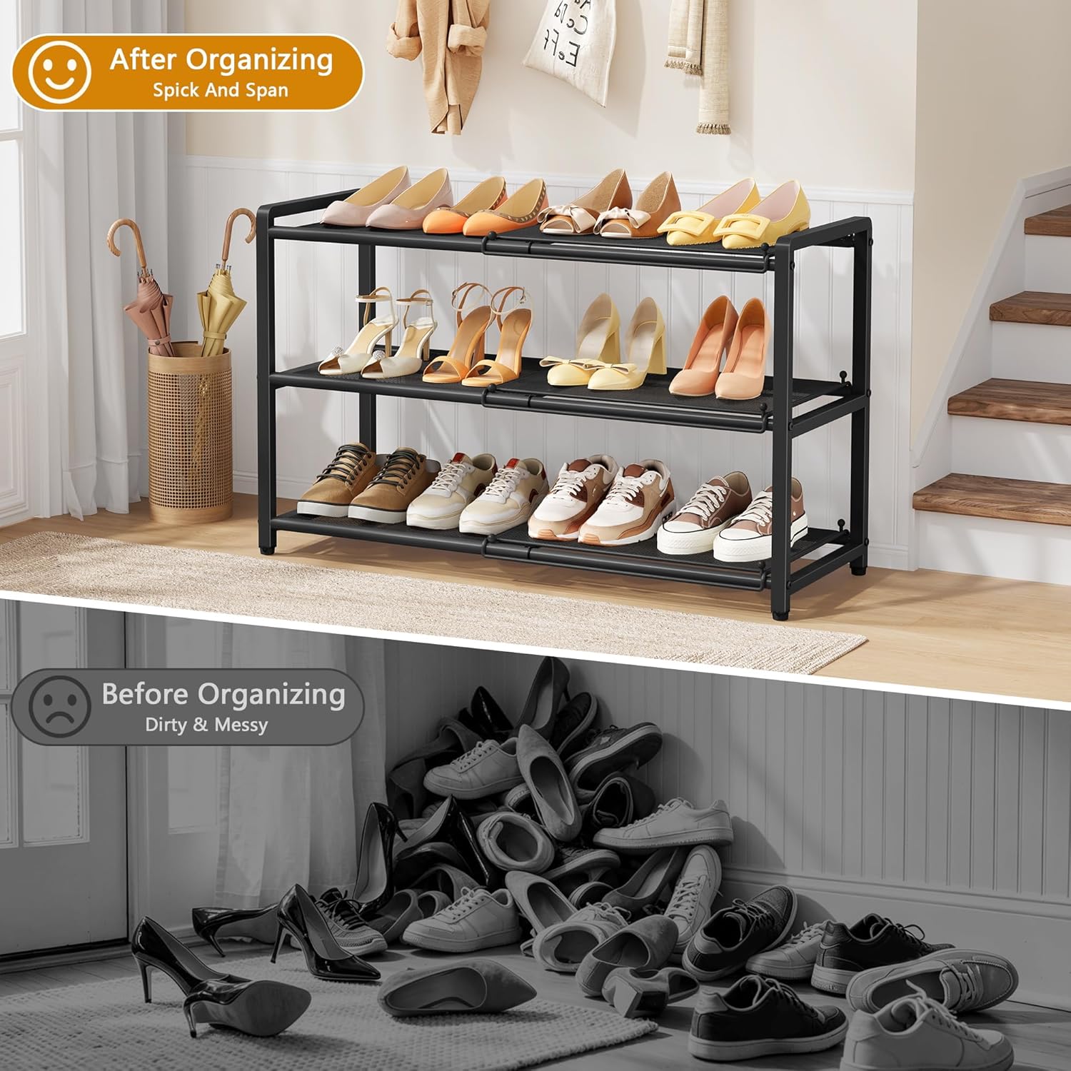 Gewudraw 3 Tier Expandable Shoe Rack, Adjustable Heavy Duty Metal Shoe Organizer for Closet, Shoe Storage for Entryway, Garage, Bedroom, Door Entrance, Black