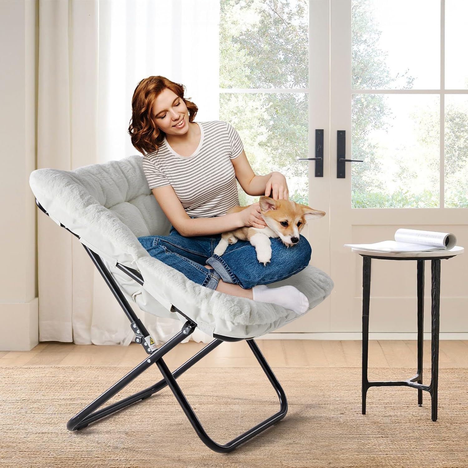Comfy Saucer Chair, Faux Fur Disc Chair Foldable, Lounge Lazy Chairs for Living Room Bedroom Dorm, Reading Chair for Kids Adults Girls Teens, White
