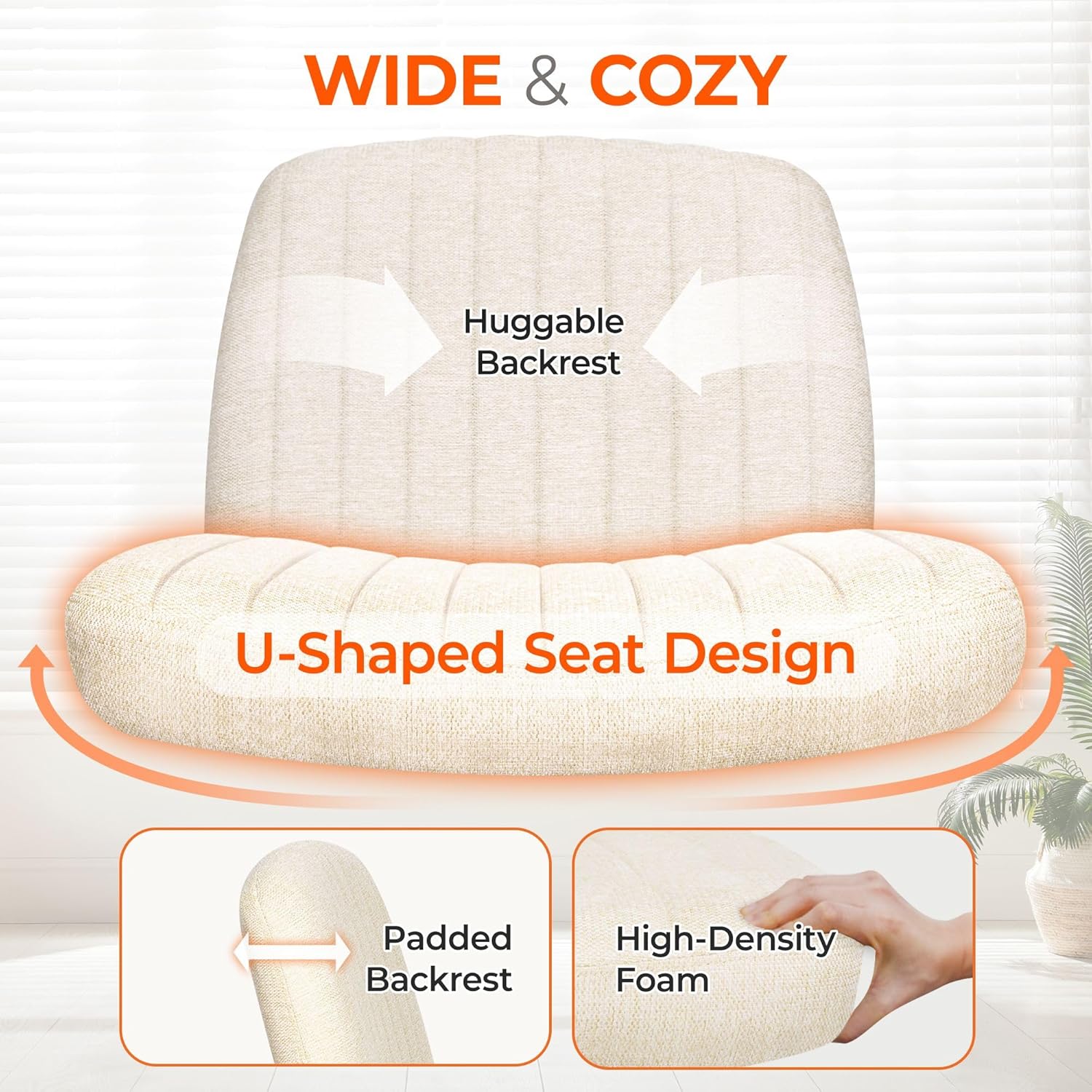 Orange Factory Criss Cross Chair Wheels Wide Cross Legged Office Desk Vanity Chair Comfy Fabric Armless Adjustable Swivel for Home Computer Task (Beige Wheel, Fabric)