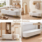 65" Curved Storage Ottoman Bench for Bedroom, Upholstered End of Bed Bench for King Size Bed, Oval Storage Bench with Gold Metal Legs, Bedroom Bench for Living Room Entryway, Beige Boucle