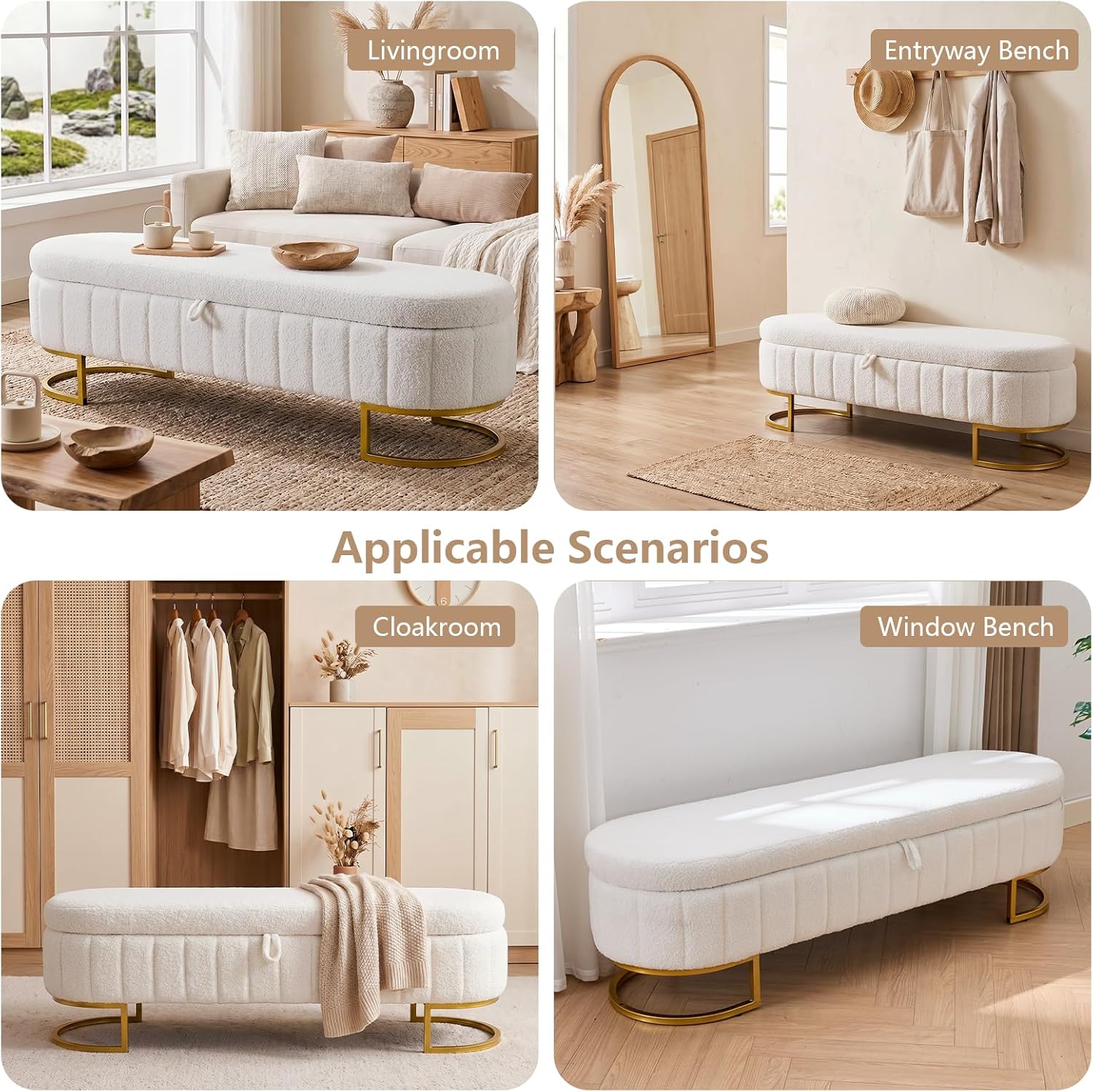 65" Curved Storage Ottoman Bench for Bedroom, Upholstered End of Bed Bench for King Size Bed, Oval Storage Bench with Gold Metal Legs, Bedroom Bench for Living Room Entryway, Beige Boucle