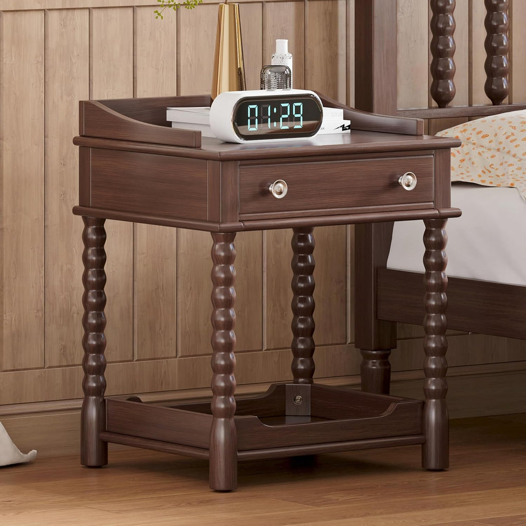Nightstand with Drawer and Open Shelf for Bedroom,Retro Style Bedside Table with Turned Legs and Metal Handle for Kitchen (Walnut)