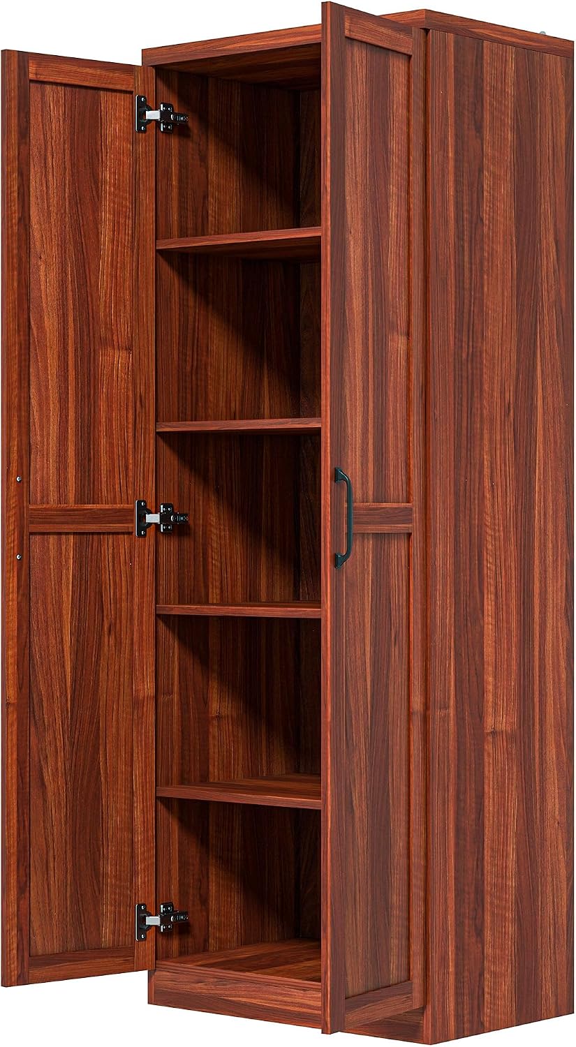 63" Tan Kitchen Pantry Cabinet - 5-Tier Storage, Adjustable Shelves, Farmhouse Style for Dining/Kitchen