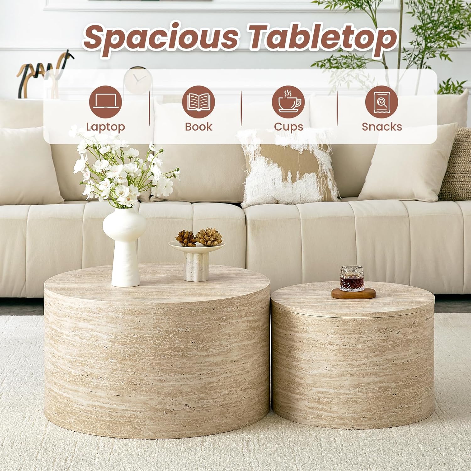 LKTART Round Nesting Coffee Table Set of 2， Modern Small Circle Coffee Table Travertine Side Table End Table Circular Coffee Tables Drum Nested Coffee Tables for Living Room
