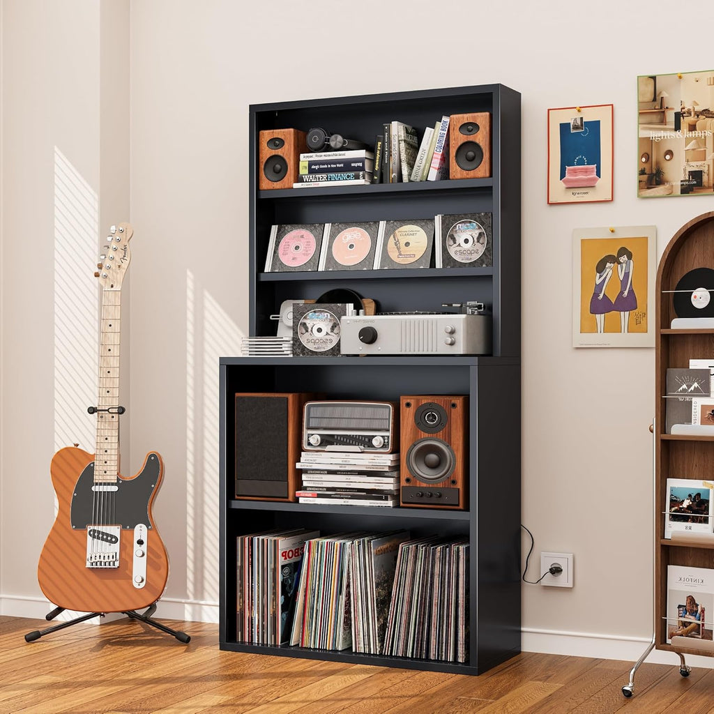 5-Tier Metal Record Player Stand, 55" Tall Vinyl Record & CD/DVD Rack, Black Media Cabinet CD Storage Cabinet for Living Room, Music Room or Studio - Easy Assembly