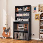 5-Tier Metal Record Player Stand, 55" Tall Vinyl Record & CD/DVD Rack, Black Media Cabinet CD Storage Cabinet for Living Room, Music Room or Studio - Easy Assembly